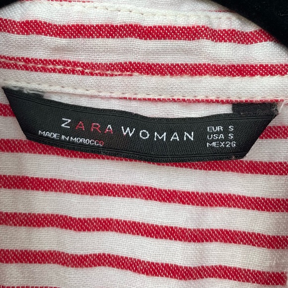 Zara Shirt Dress Red White Striped Linen Blend Midi Button Front Shirtdress - Picture 8 of 14